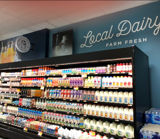 Our dairy department has lots of local farm milk, yogurt etc.